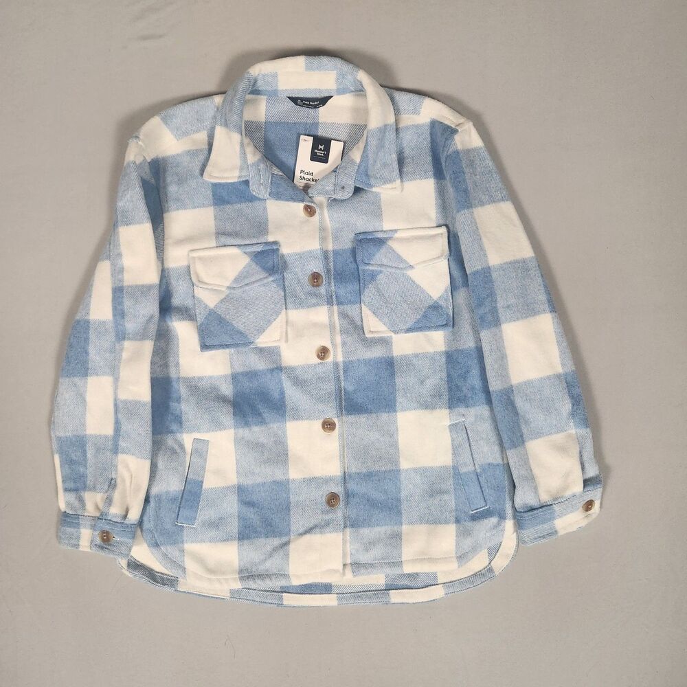 Member’s Mark Plaid Shacket Jacket XL 14/16 Blue White Wool Blend NWT